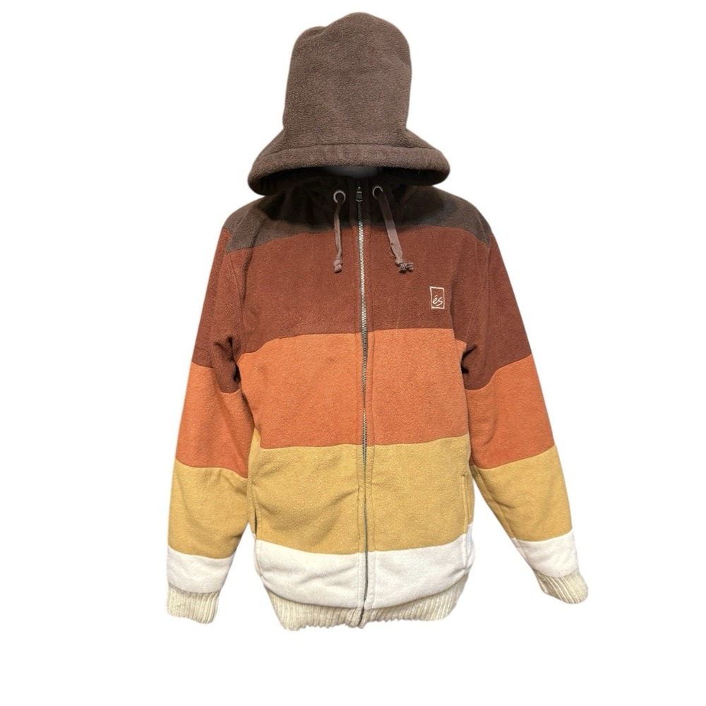 eS Hoodie Mens Medium Brown Orange Yellow Stripe Full Zip Sherpa Lined Skate Y2k